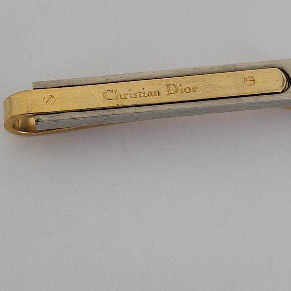 Christian Dior Tie Bar Clip Clasp Gold Silver Tone Logo Vintage Designer - Picture 2 of 7